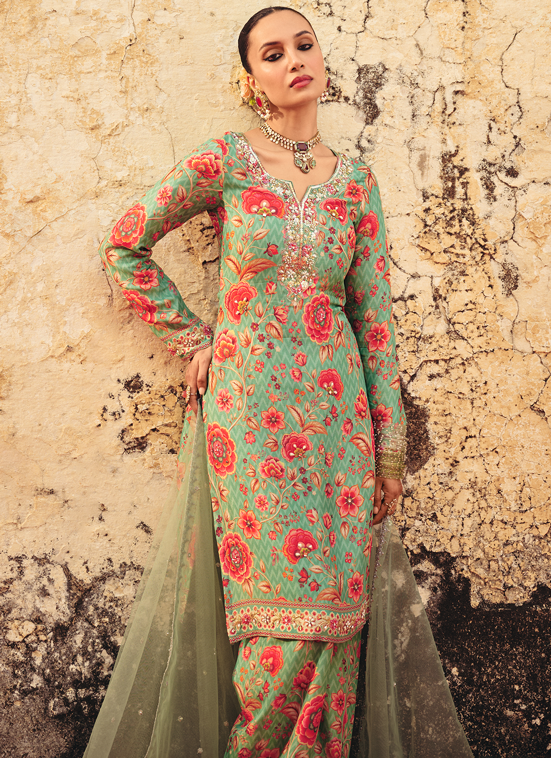 Mint Green Floral Embroidered Palazzo Suit