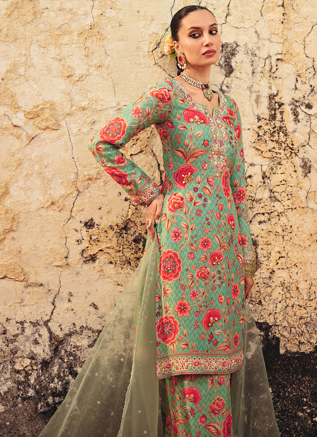 Mint Green Floral Embroidered Palazzo Suit
