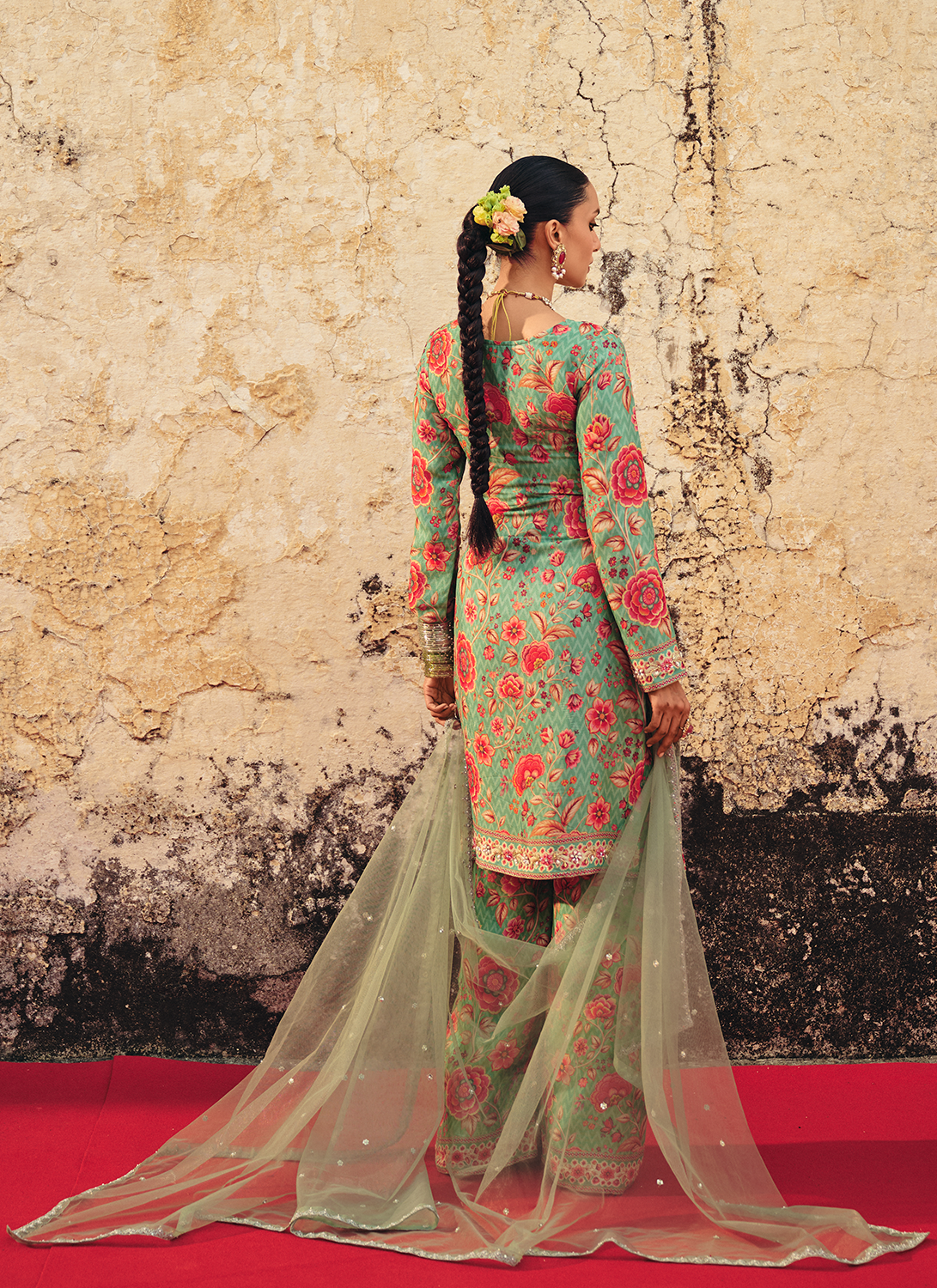 Mint Green Floral Embroidered Palazzo Suit