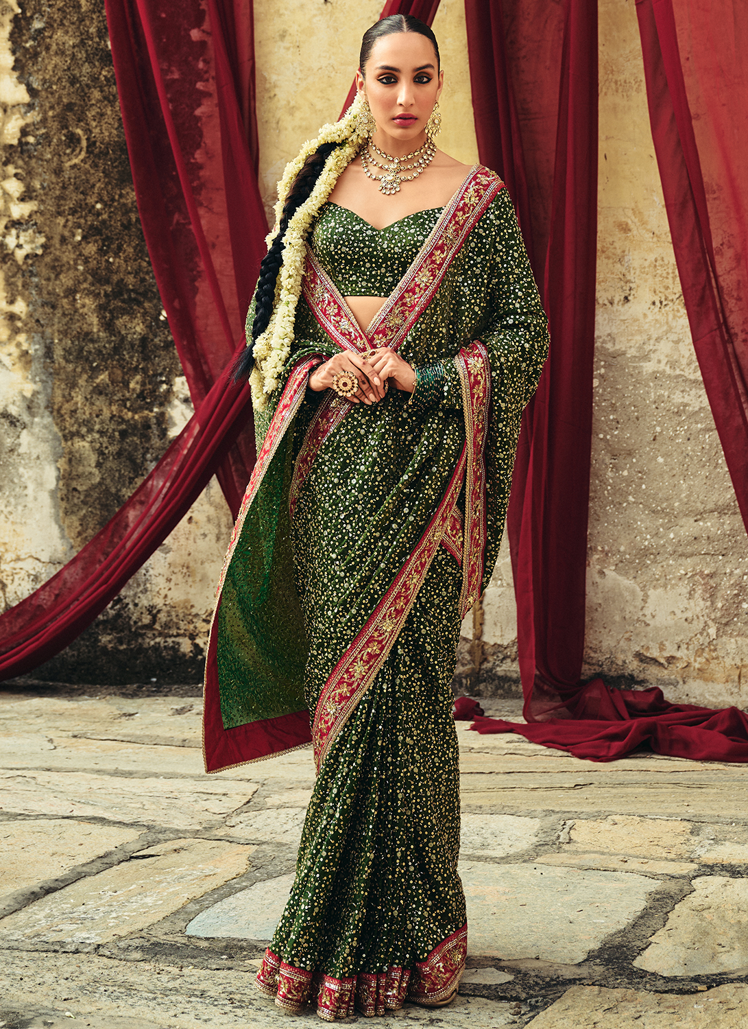 Green Embroidered Brocade Saree
