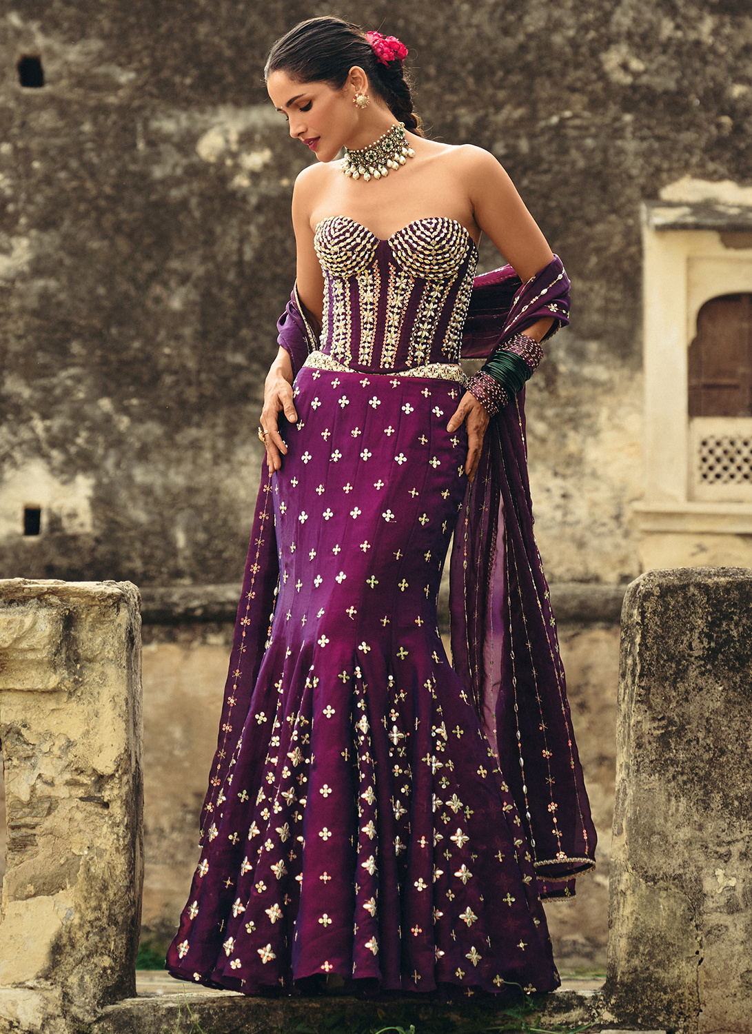Purple Embroidered Georgette Corset Style Lehenga