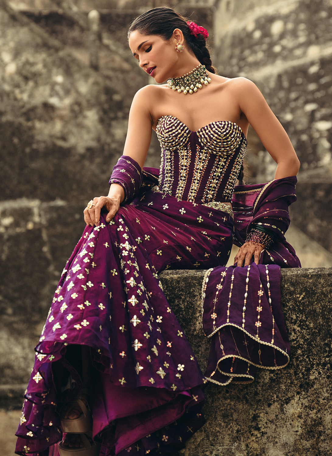 Purple Embroidered Georgette Corset Style Lehenga