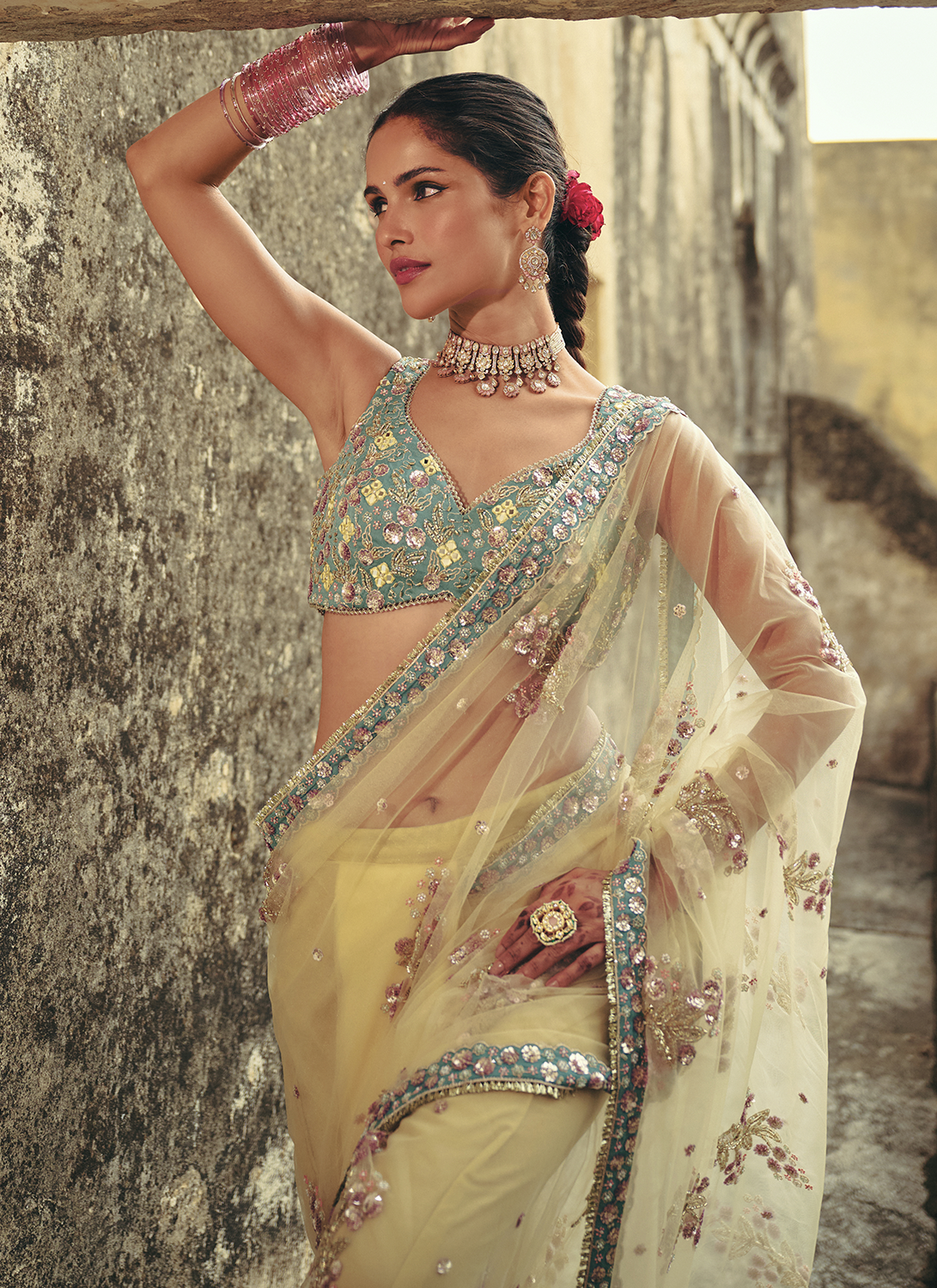 Butter Yellow Embroidered Silk Saree