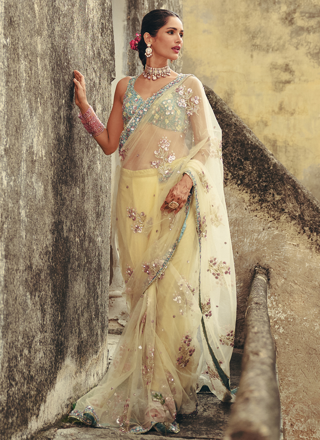Butter Yellow Embroidered Silk Saree