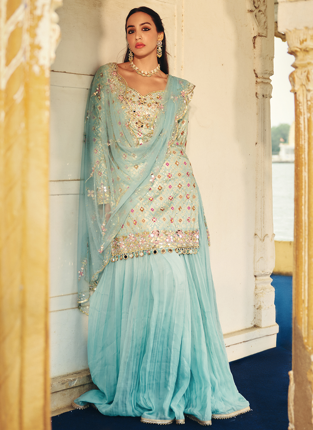Mint Blue Embroidered Viscose Silk Sharara