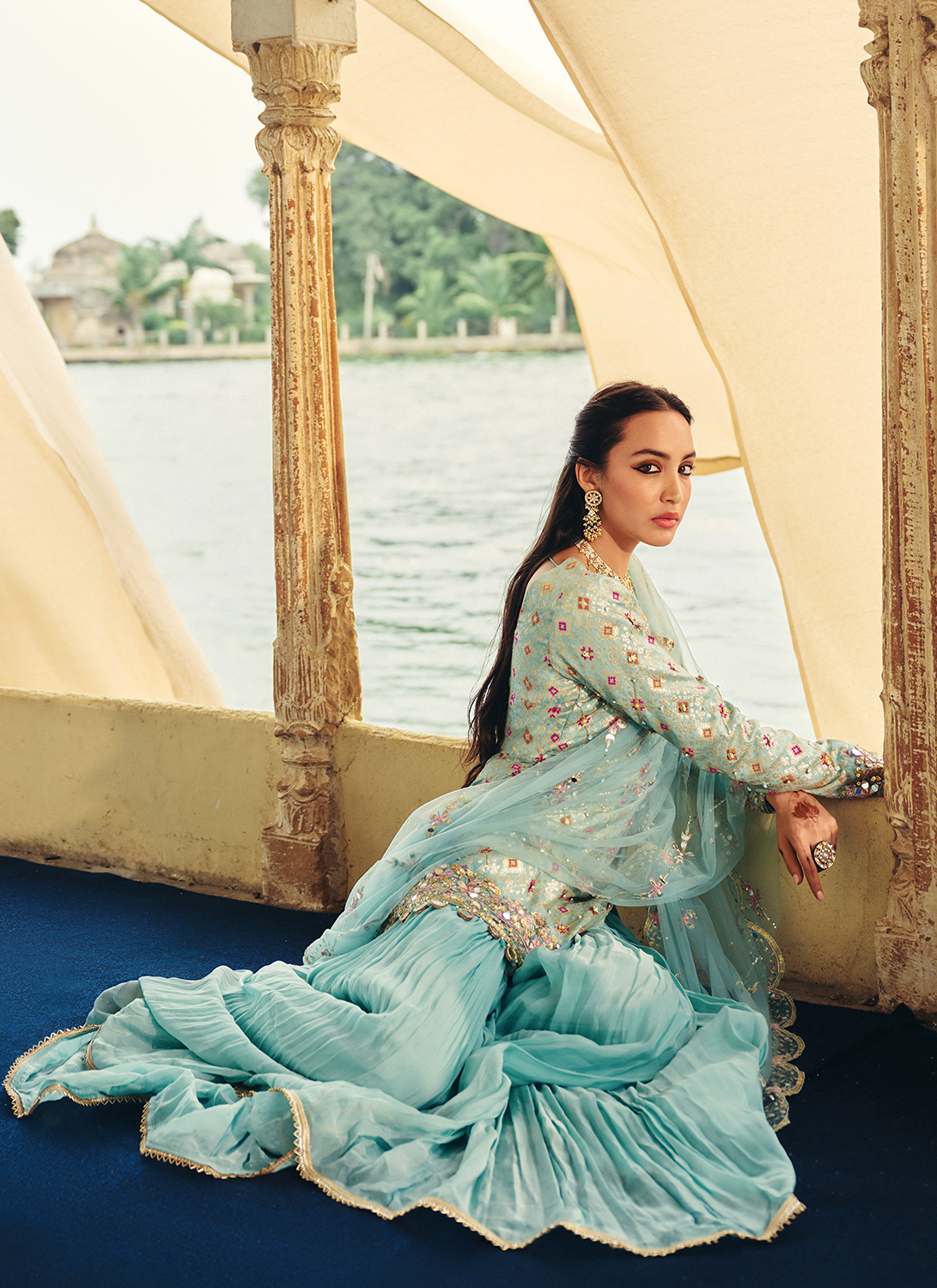 Mint Blue Embroidered Viscose Silk Sharara