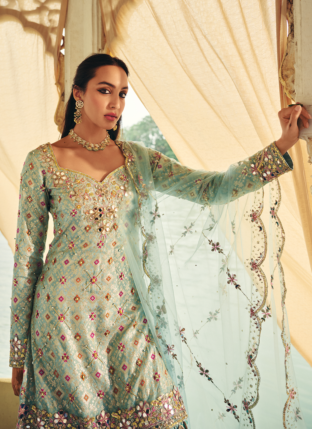 Mint Blue Embroidered Viscose Silk Sharara