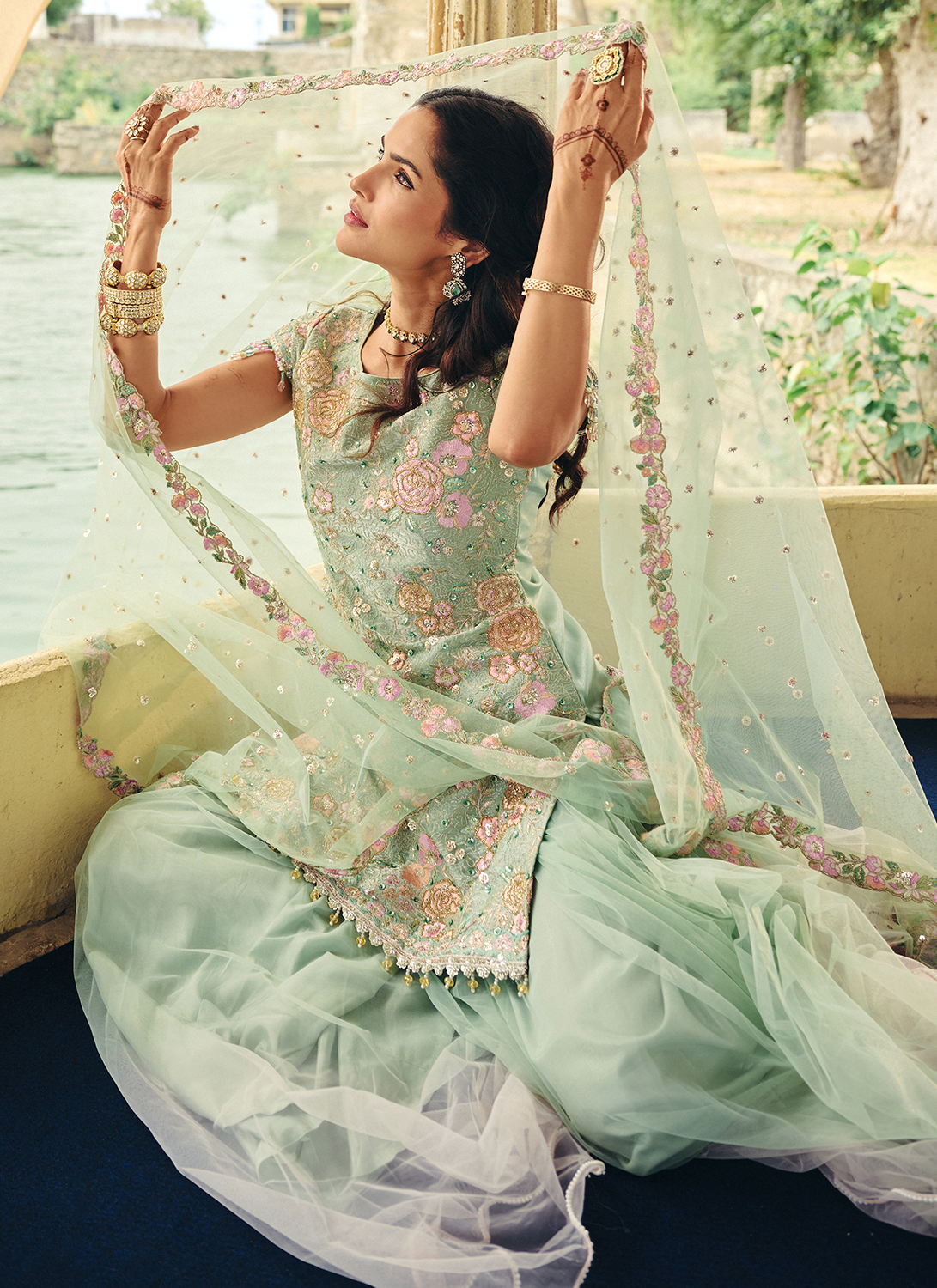 Mint Green Embroidered Organza Sharara