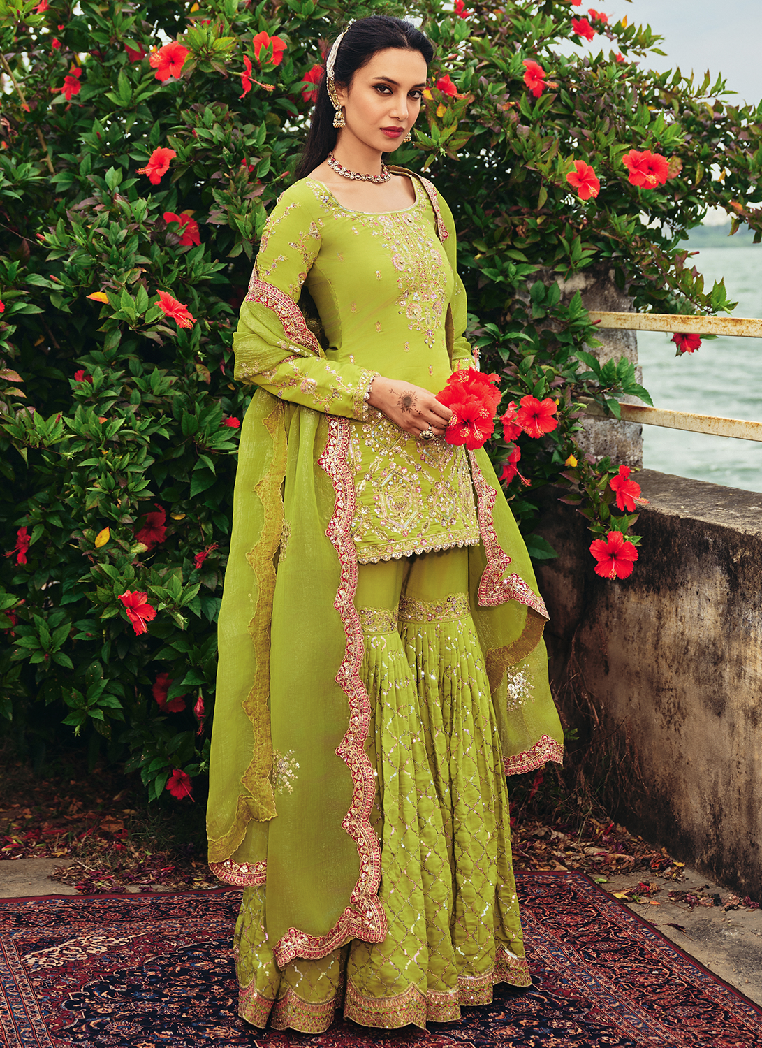 Lime Green Embroidered Silk Gharara