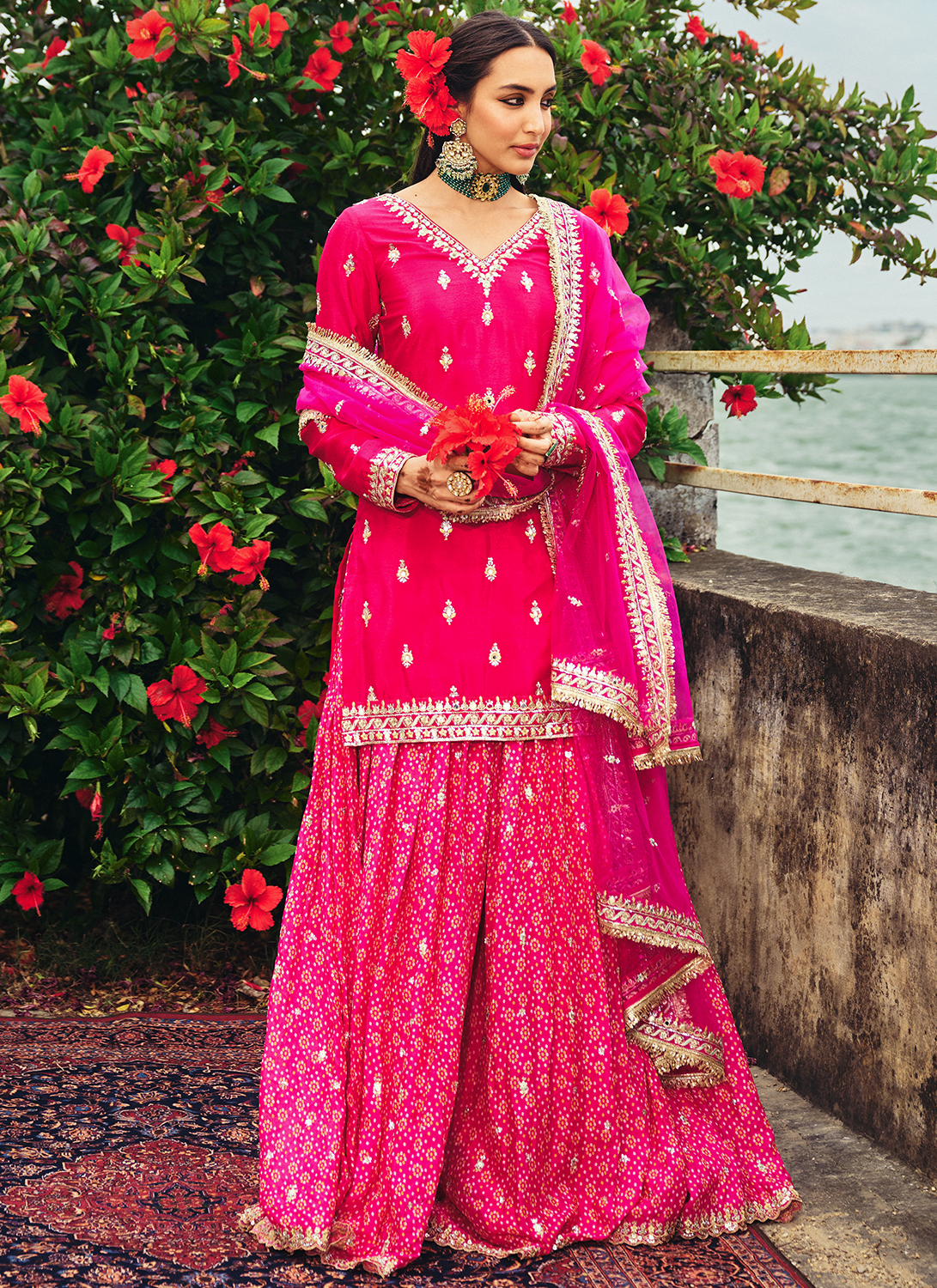 Pink Embroidered Bandhani Sharara