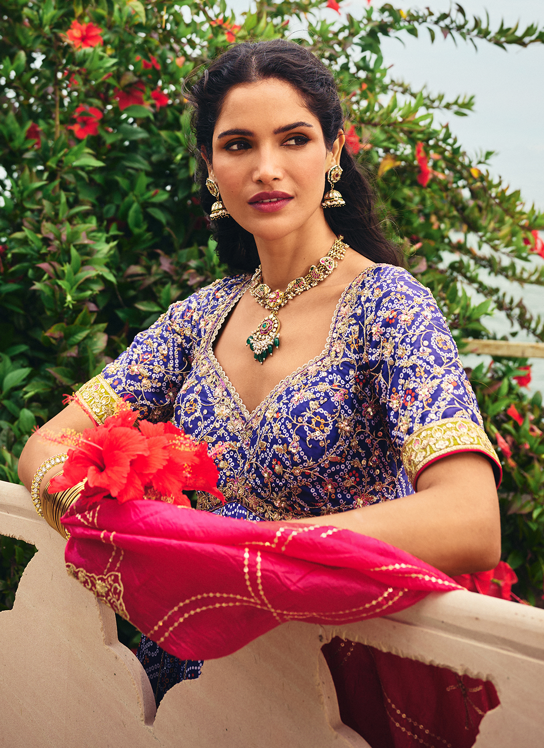 Blue Multicolor Embroidered Bandhani Anarkali