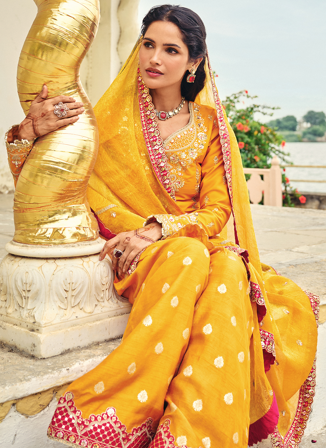 Orange Embroidered Crepe Punjabi Suit