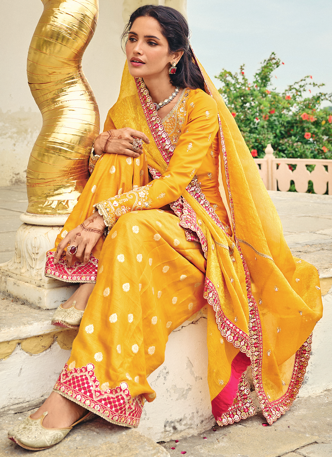 Orange Embroidered Crepe Punjabi Suit