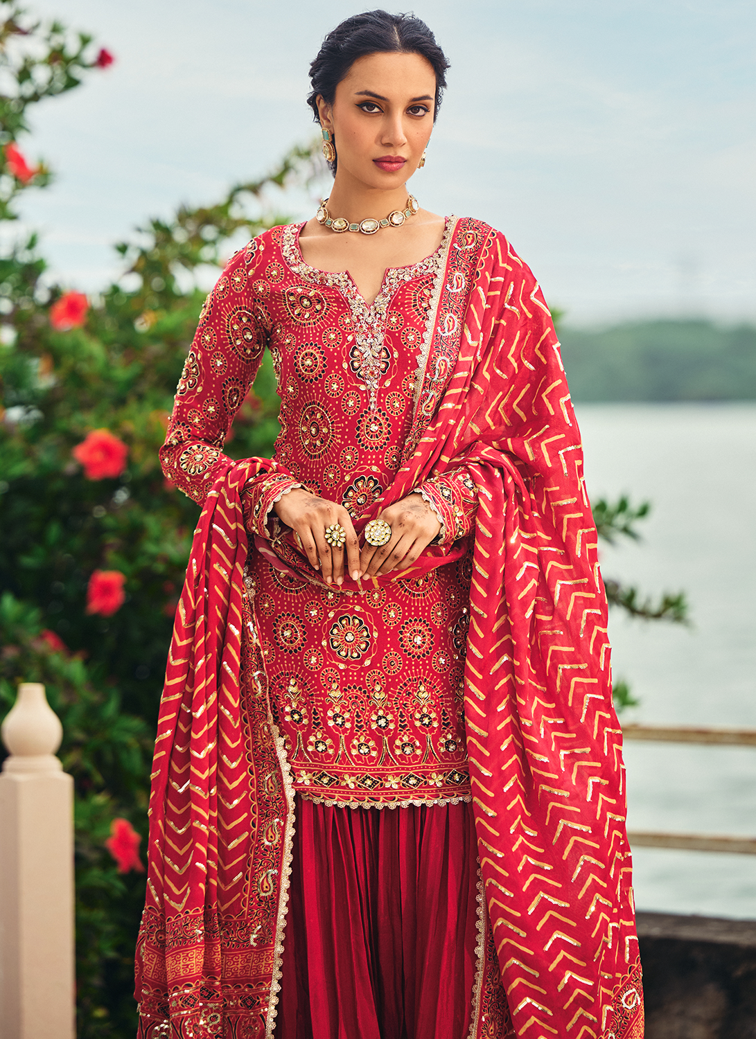 Red Embroidered Ajrakh Print Gharara