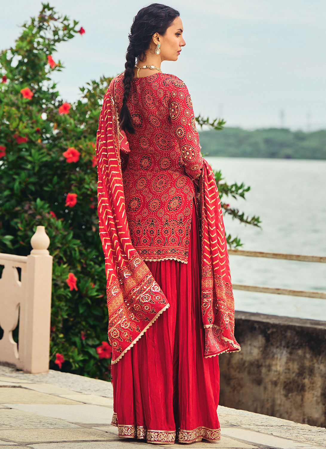 Red Embroidered Ajrakh Print Gharara