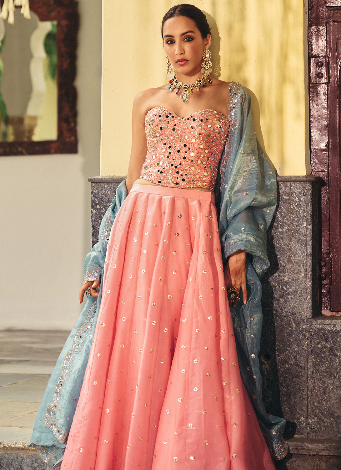 Blush Pink Embroidered Corset Style Lehenga