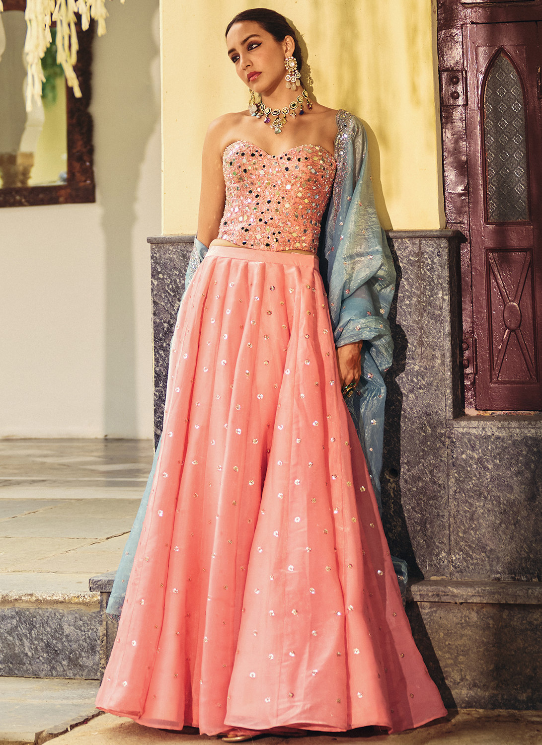 Blush Pink Embroidered Corset Style Lehenga