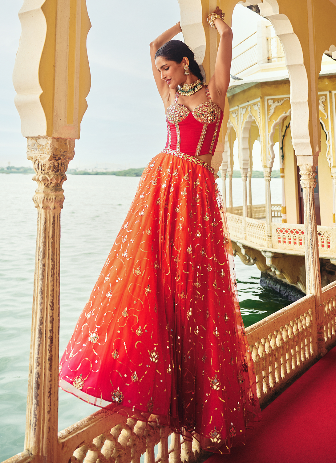 Orange and Pink Embroidered Corset Style Crepe Lehenga
