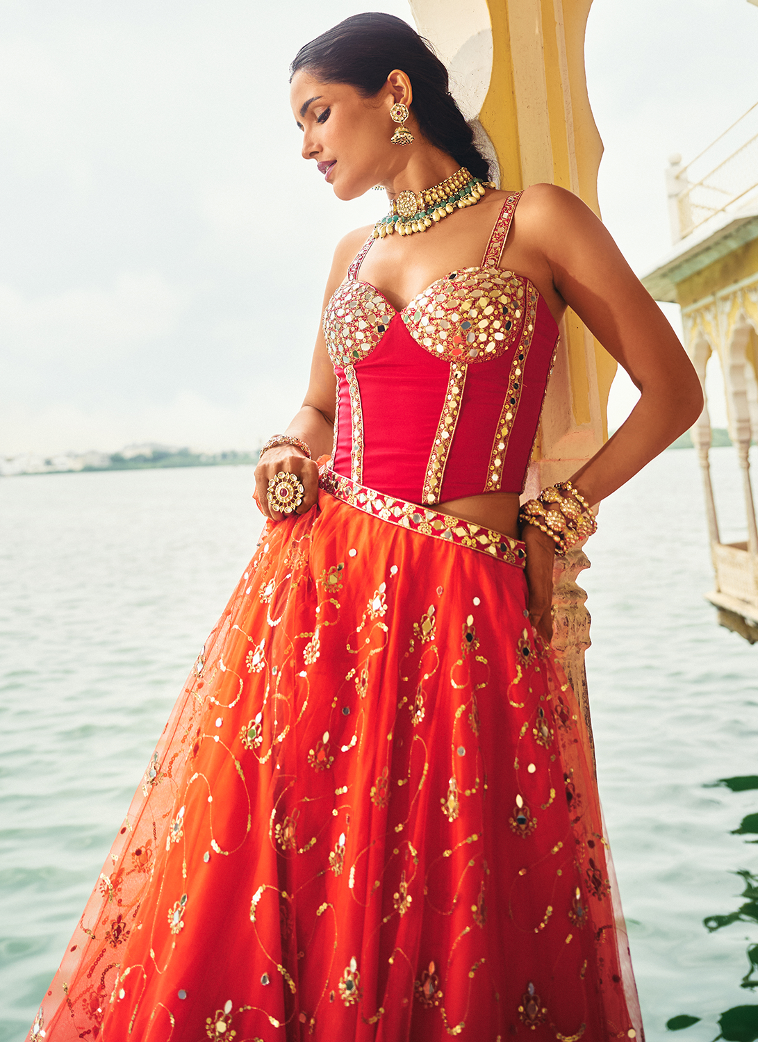 Orange and Pink Embroidered Corset Style Crepe Lehenga