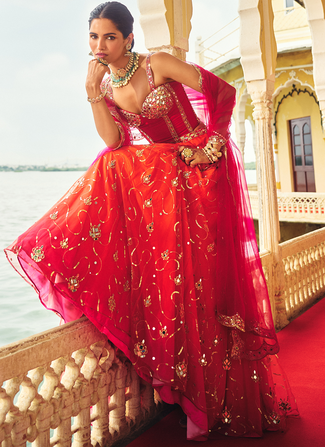 Orange and Pink Embroidered Corset Style Crepe Lehenga