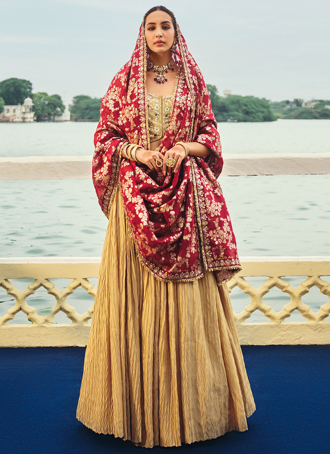Gold and Maroon Embroidered Chinon Lehenga
