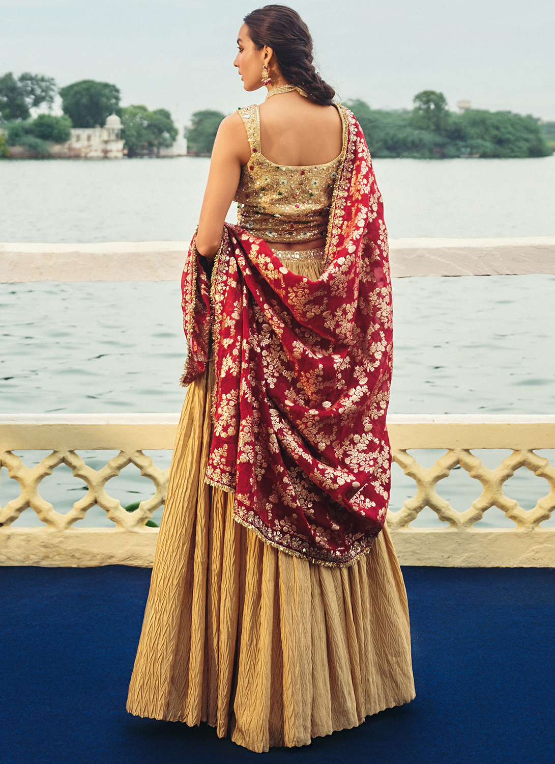 Gold and Maroon Embroidered Chinon Lehenga