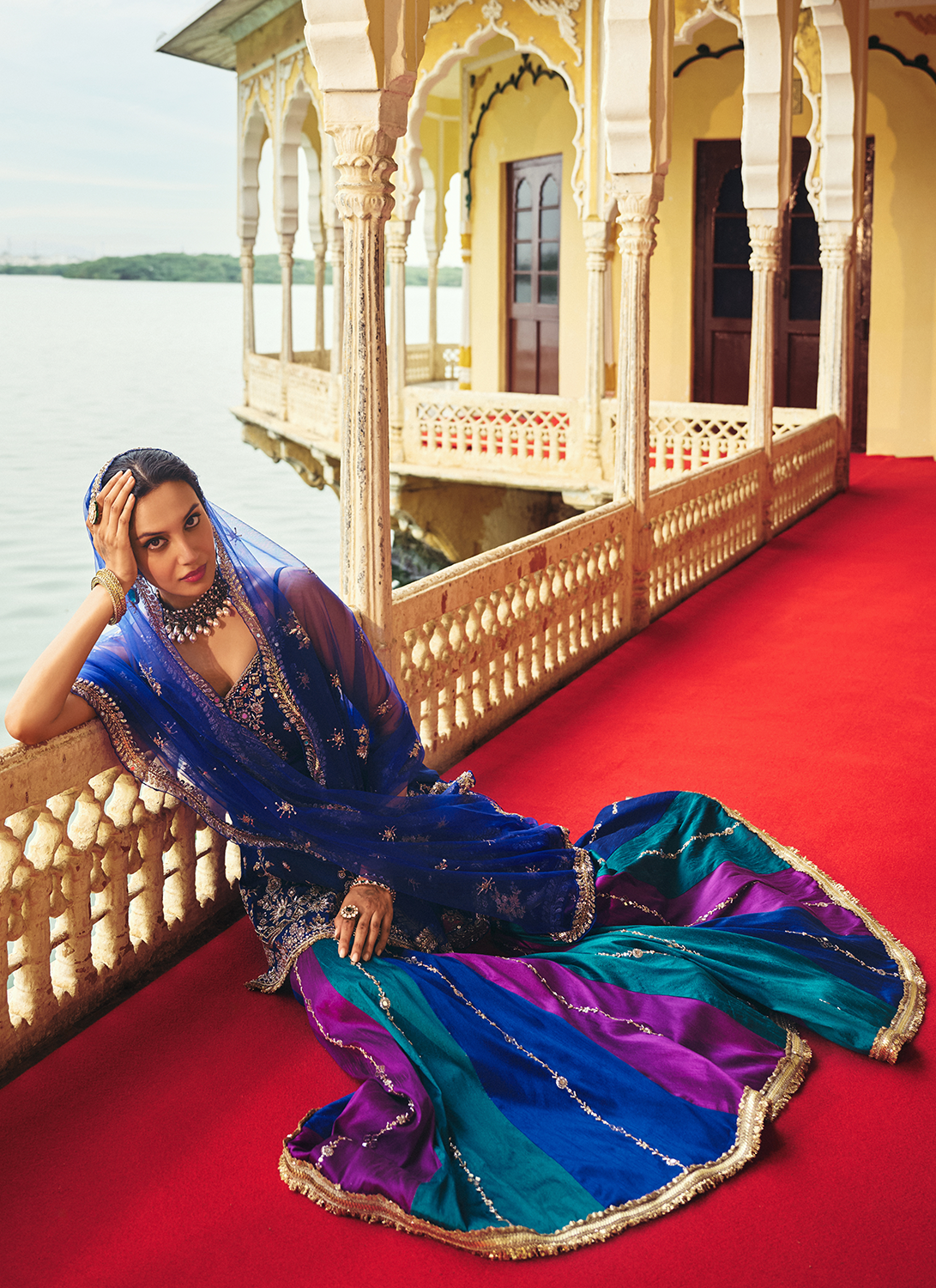Blue Multicolor Embroidered Silk Gharara