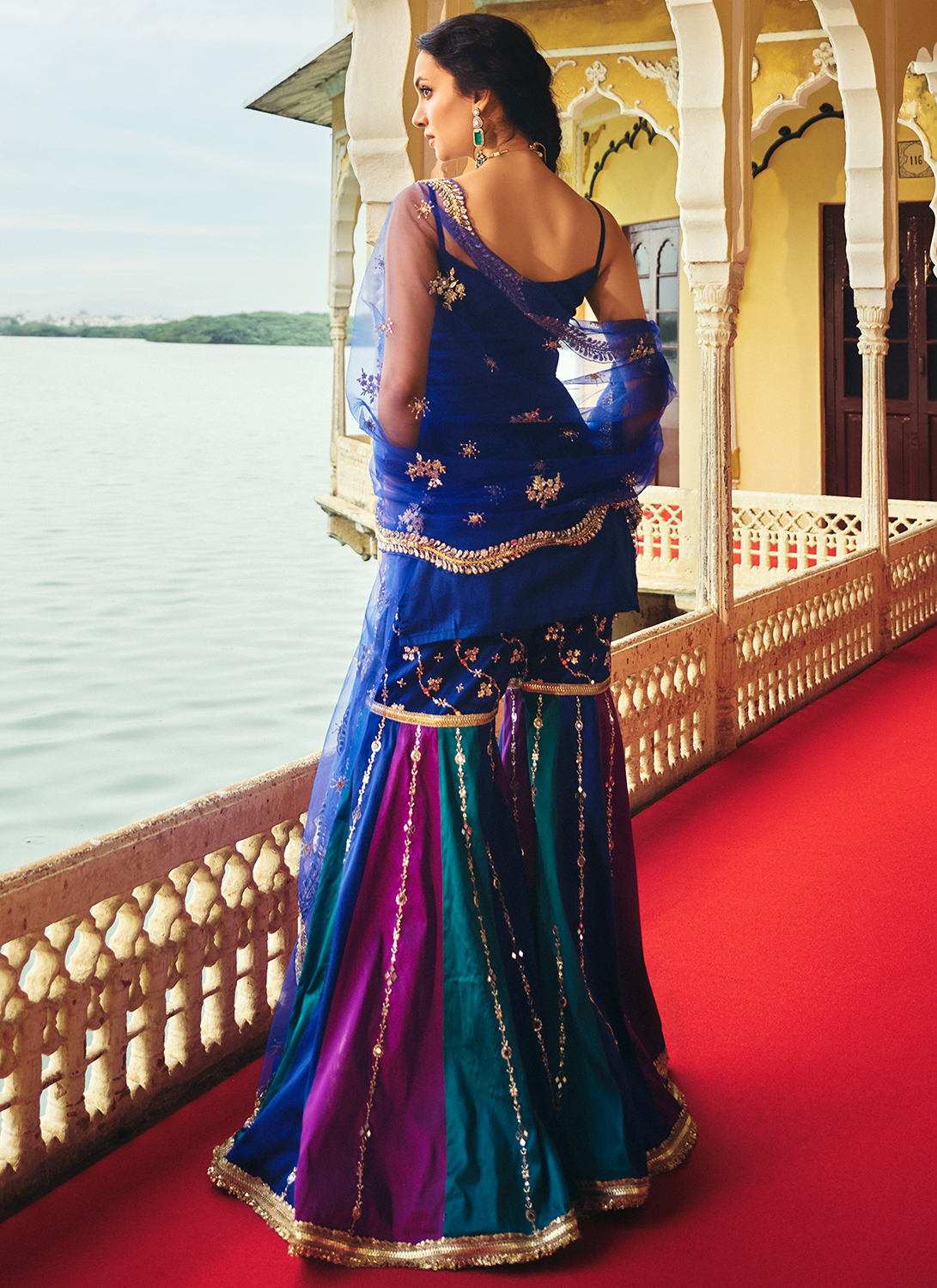 Blue Multicolor Embroidered Silk Gharara