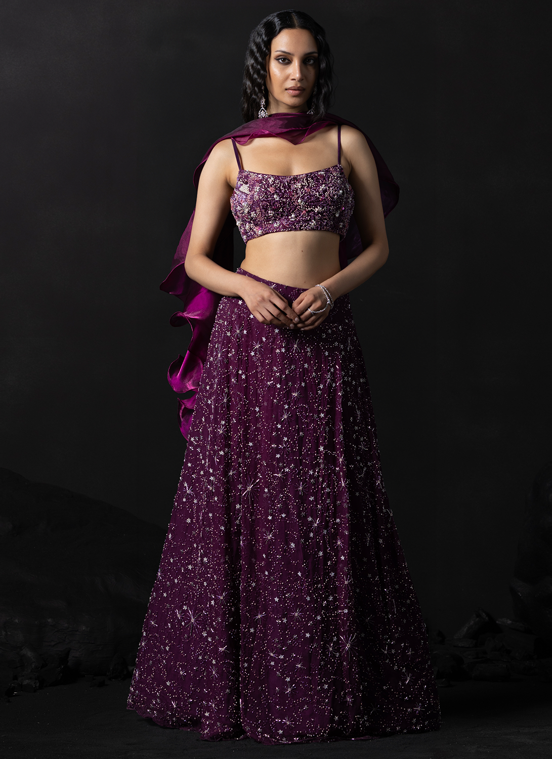 Deep Magenta Embroidered Organza Lehenga