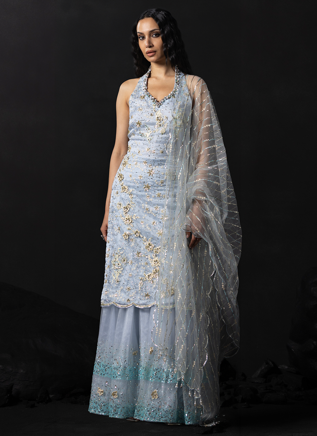 Dusty Blue Embroidered Organza Sharara