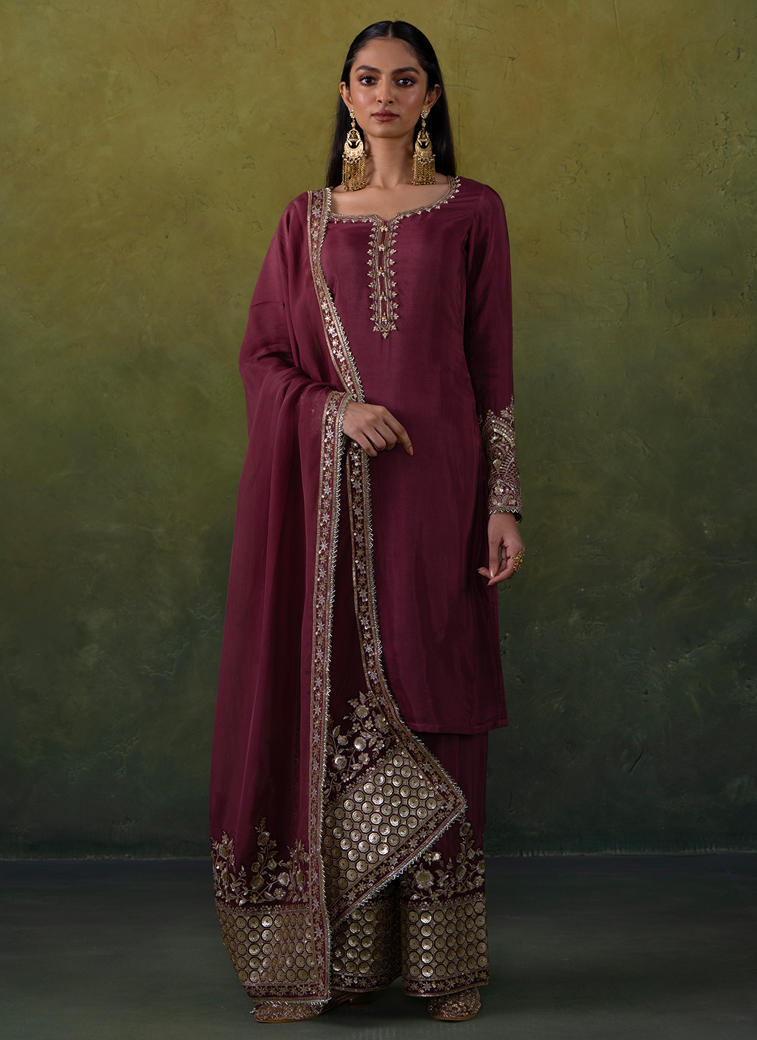 Dusty Burgundy Embroidered Straight Suit