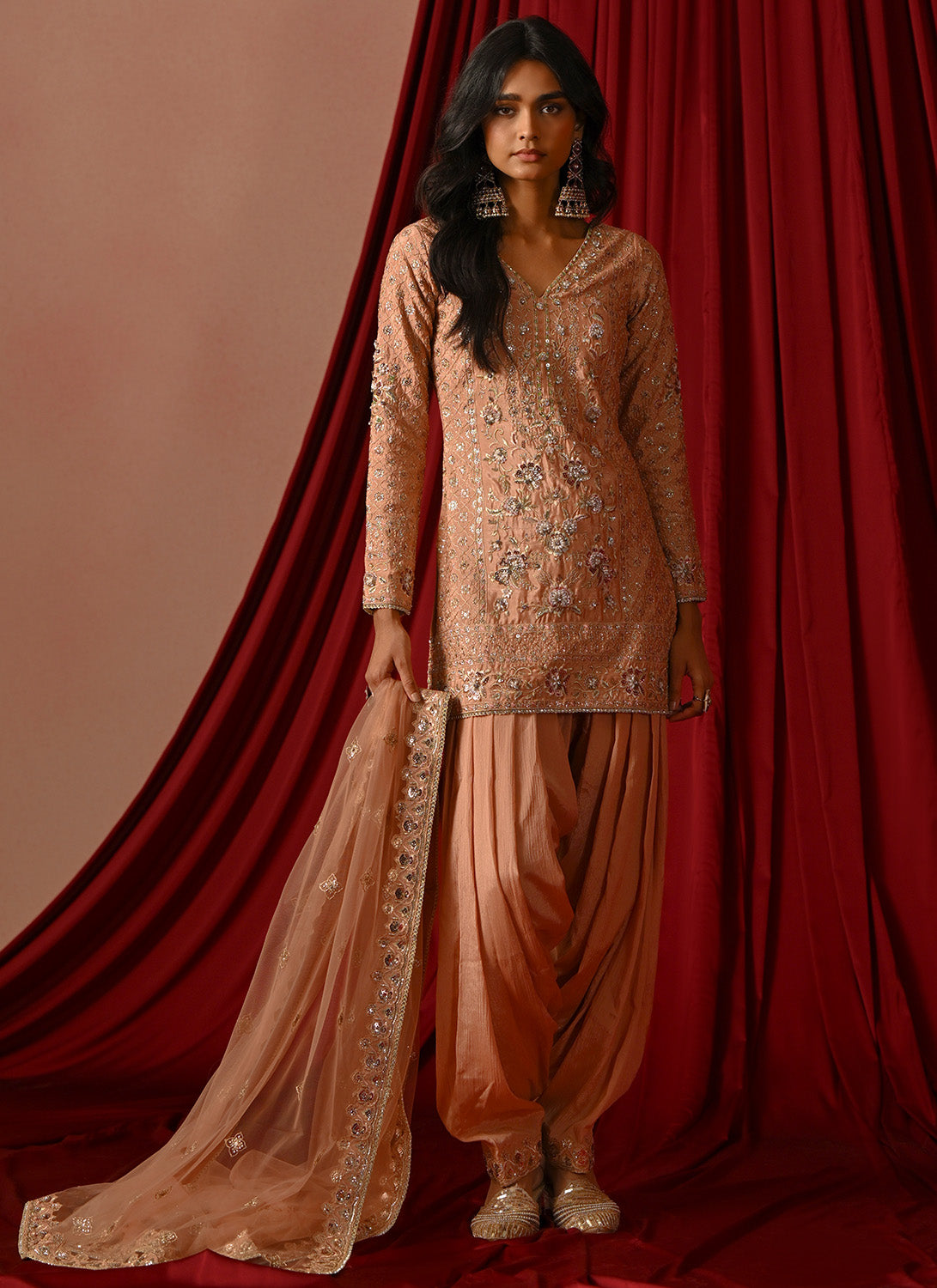 Dusty Peach Embroidered Silk Punjabi Suit