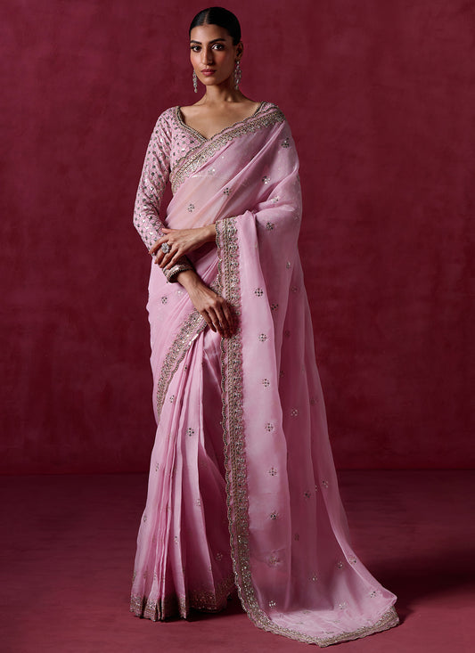 Dusty Pink Embroidered Organza Saree