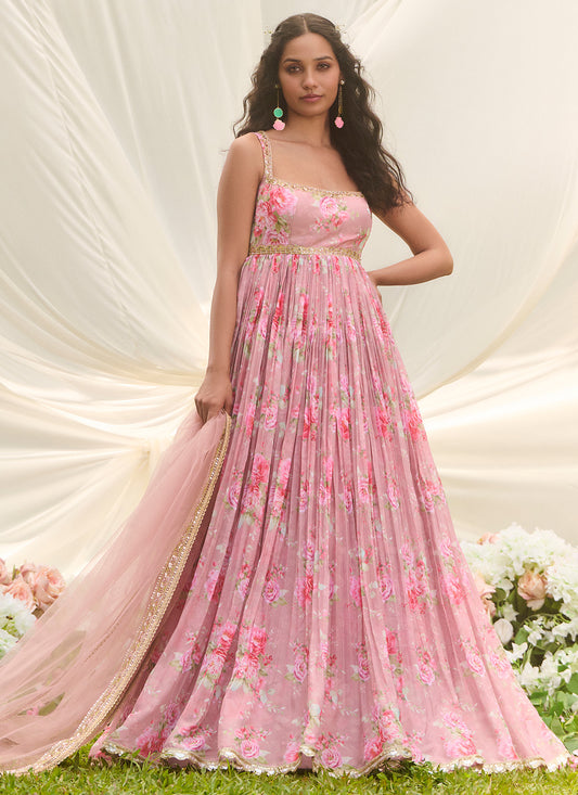 Dusty Pink Multicolor Floral Printed Anarkali