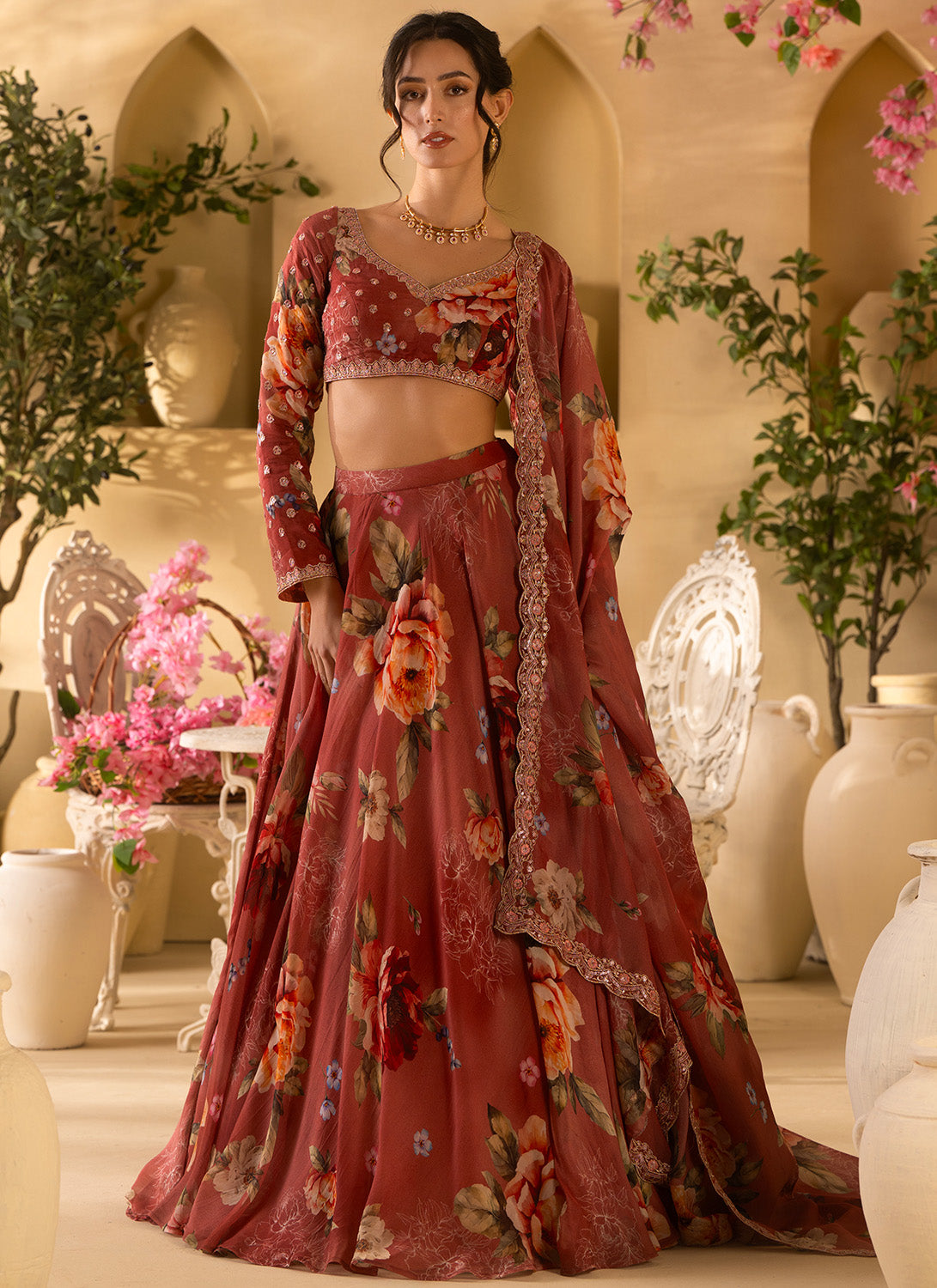 Dusty Rose Floral Embroidered Organza Lehenga