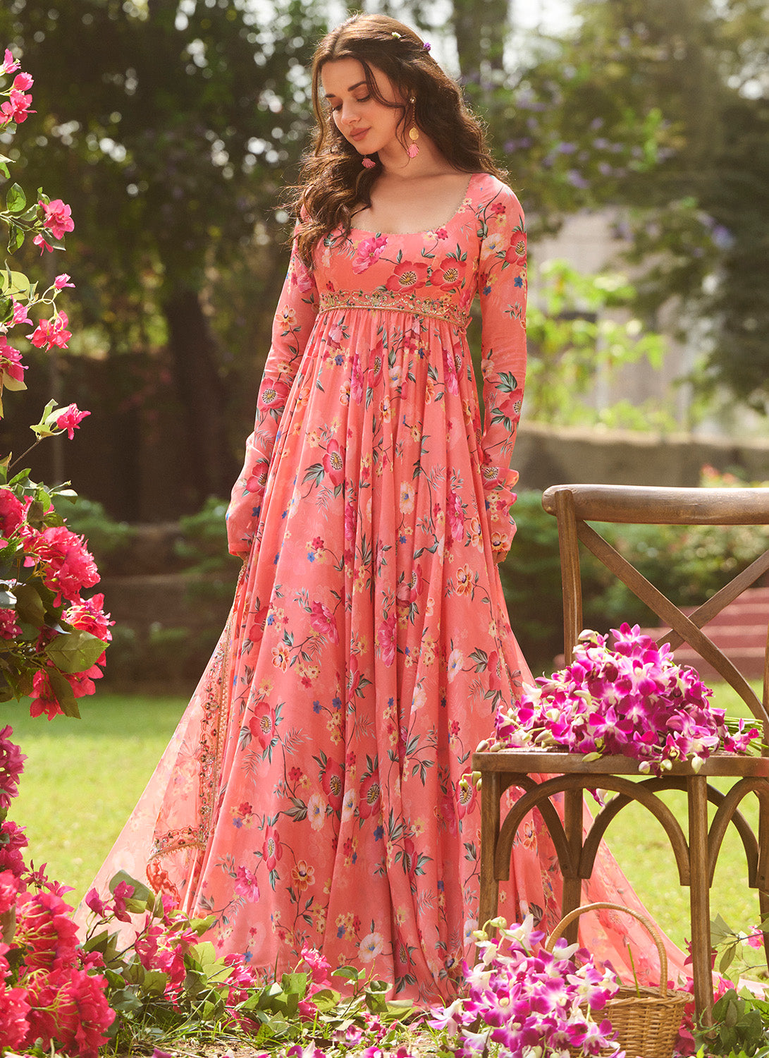 Coral Multicolor Floral Printed Anarkali