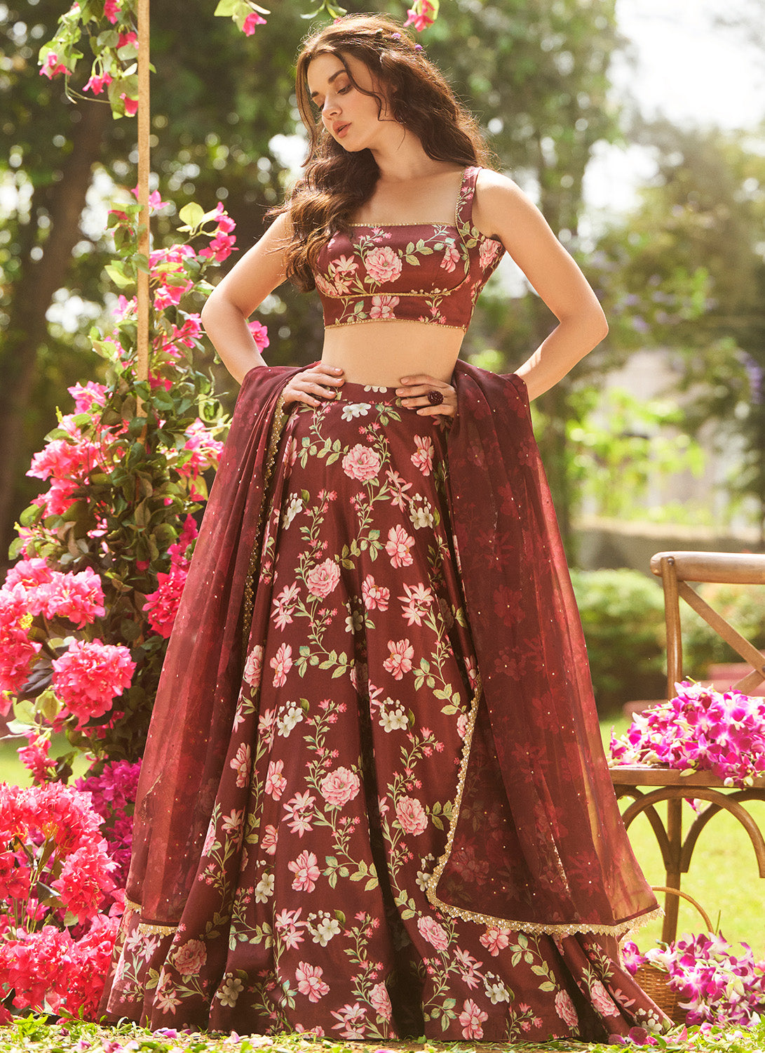 Brown Multicolor Floral Printed Lehenga