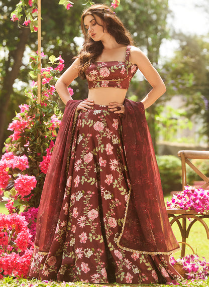 Brown Multicolor Floral Printed Lehenga