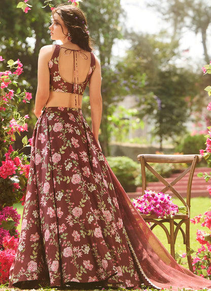Brown Multicolor Floral Printed Lehenga