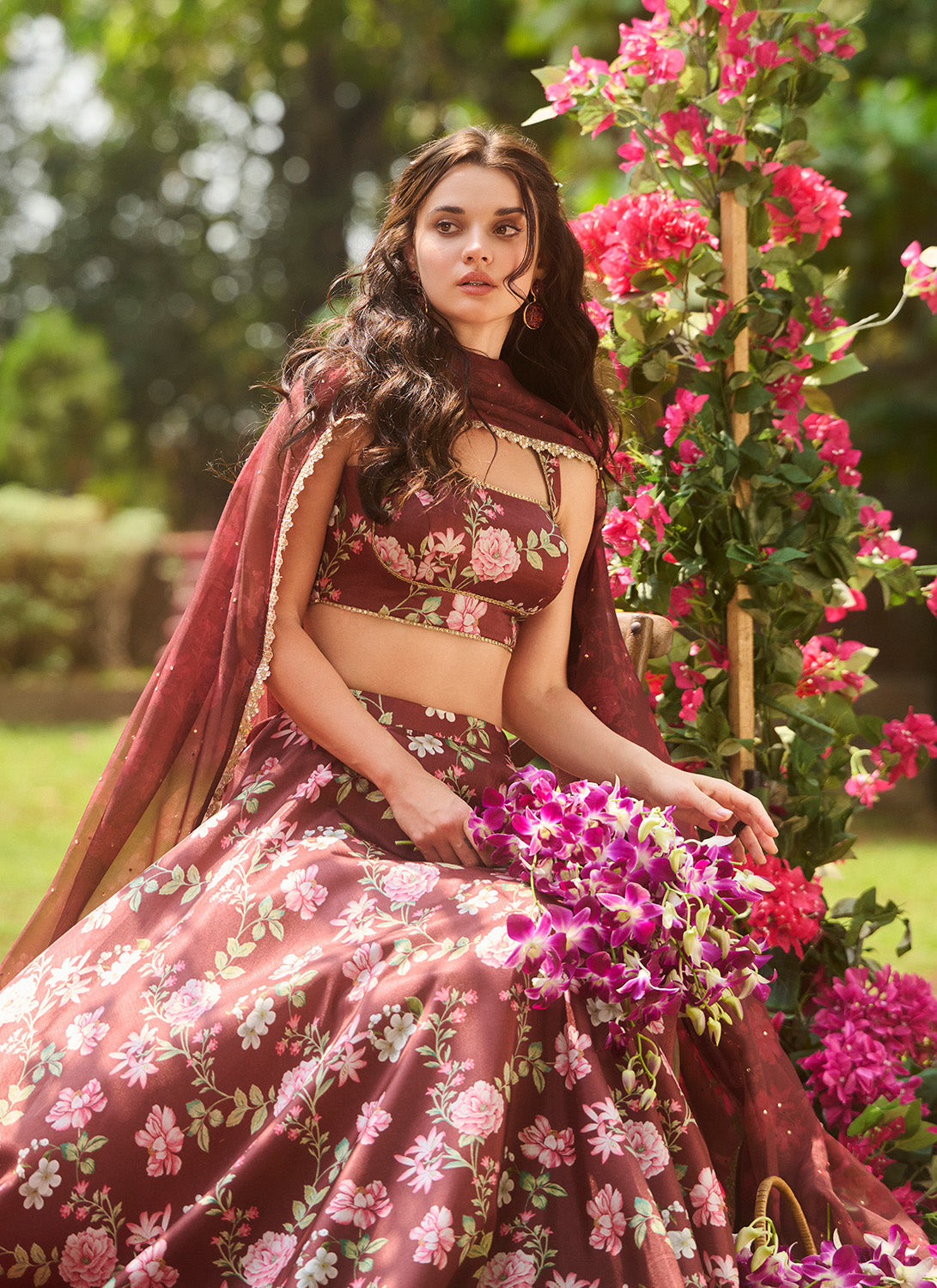 Brown Multicolor Floral Printed Lehenga