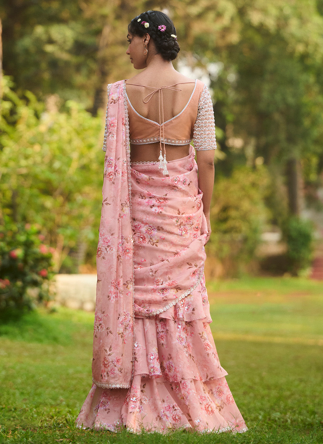 Light Pink Floral Embroidered Ruffled Saree