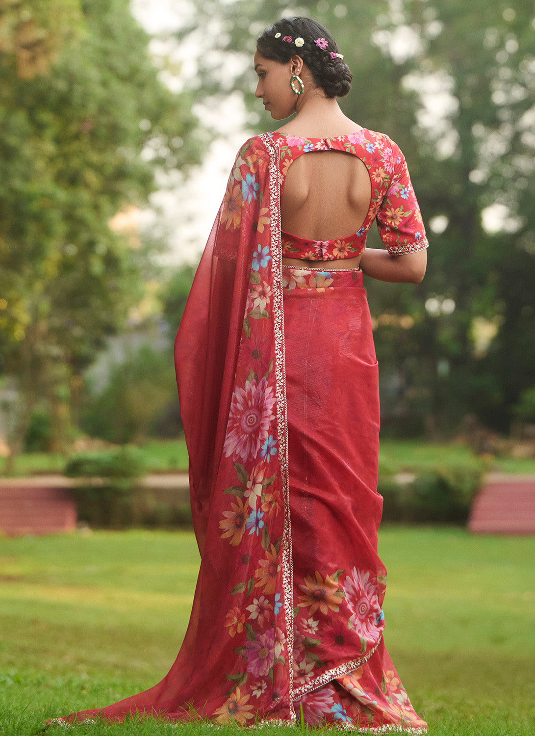 Red Multicolor Floral Embroidered Saree