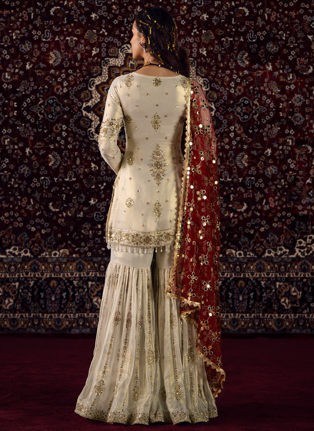 White and Maroon Embroidered Georgette Gharara - Lashkaraa