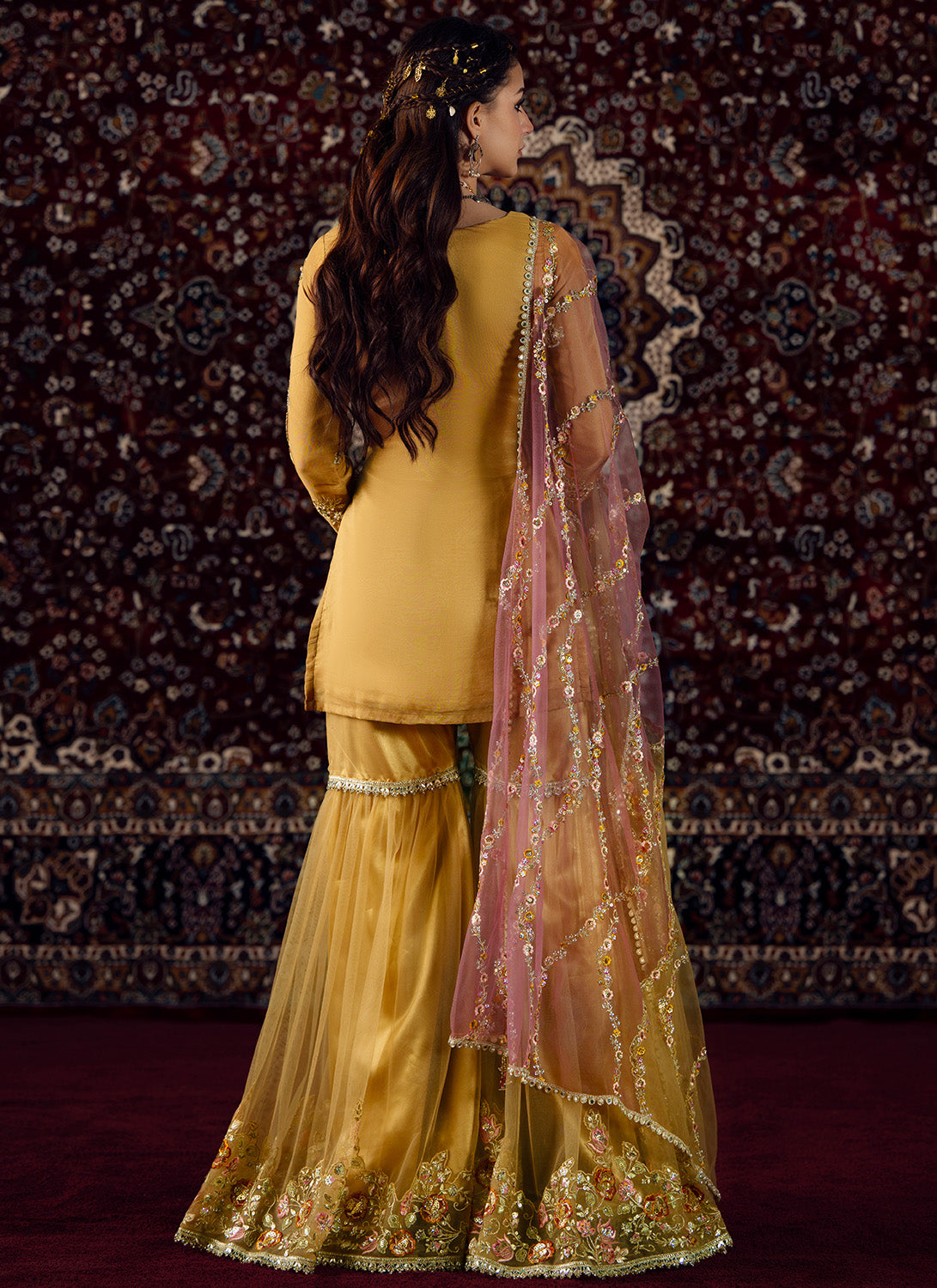 Mustard and Pink Embroidered Tissue Gharara - Lashkaraa