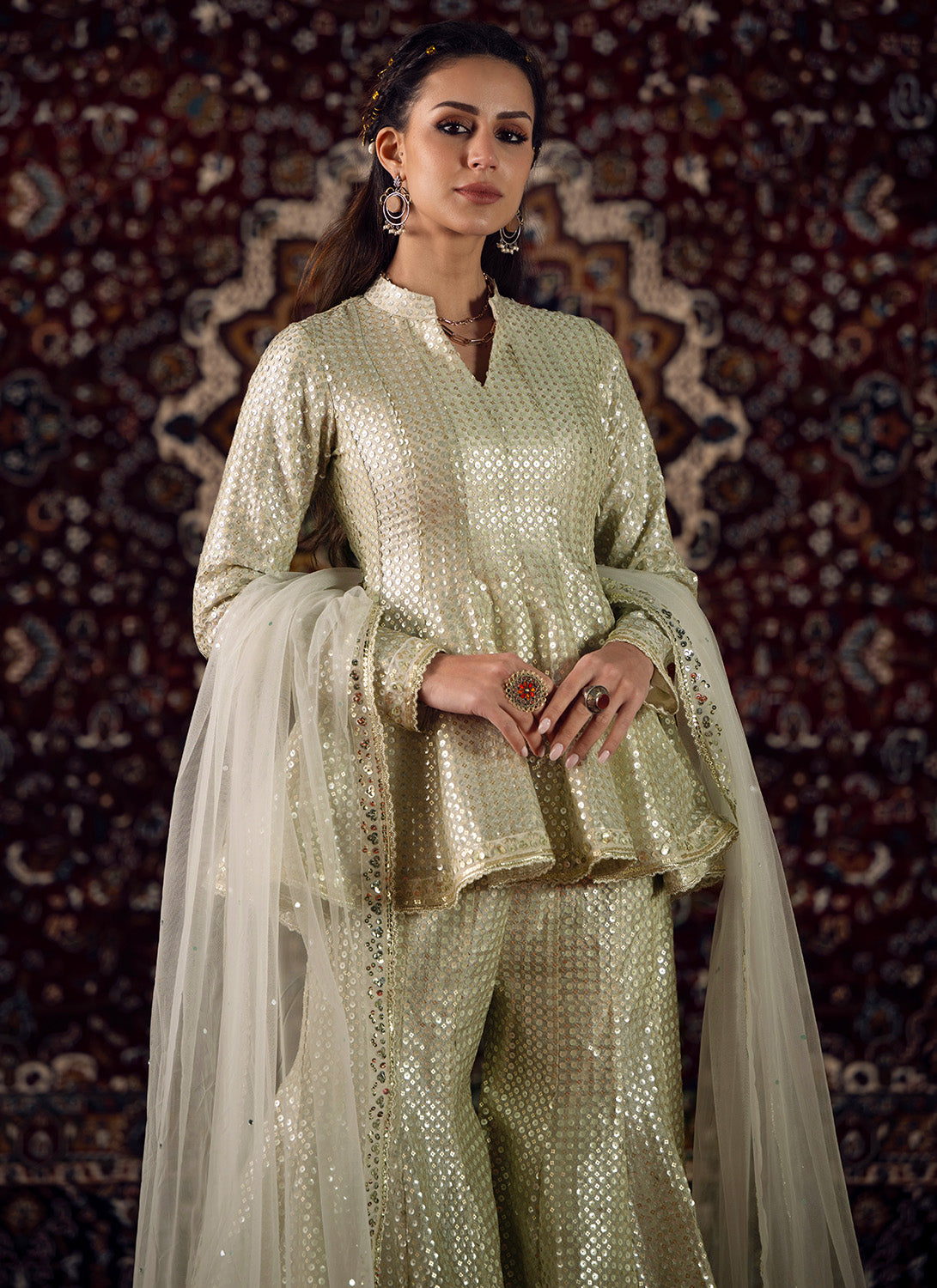 Light Grey Embroidered Viscose Tissue Sharara Suit - Lashkaraa