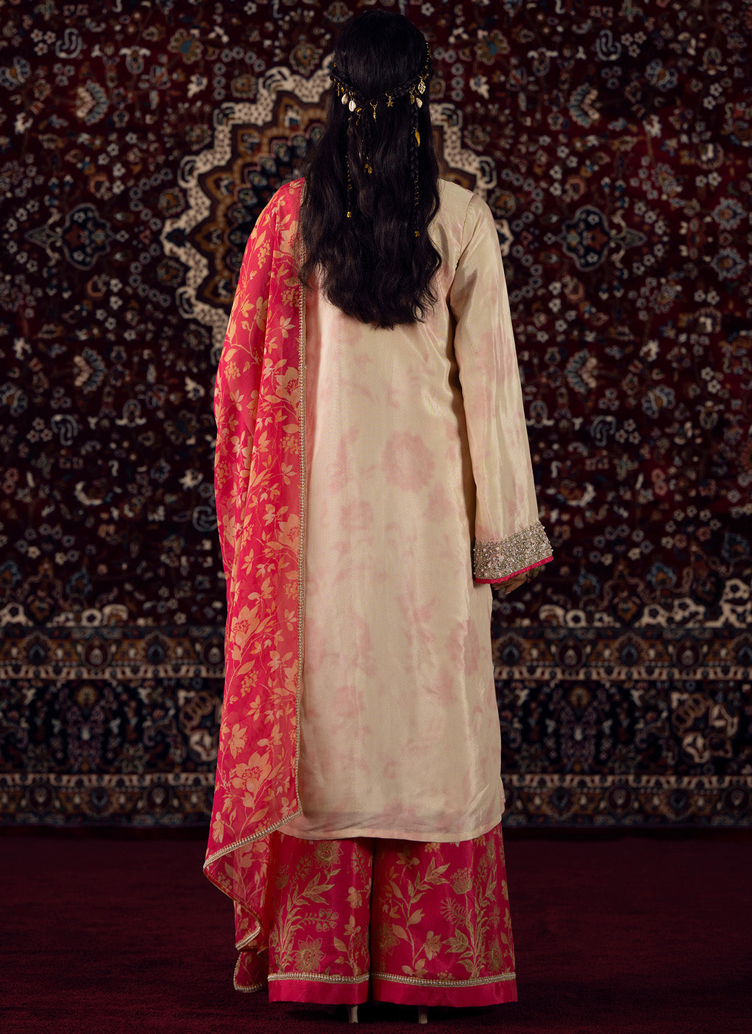 Off White and Pink Embroidered Silk Satin Palazzo Suit