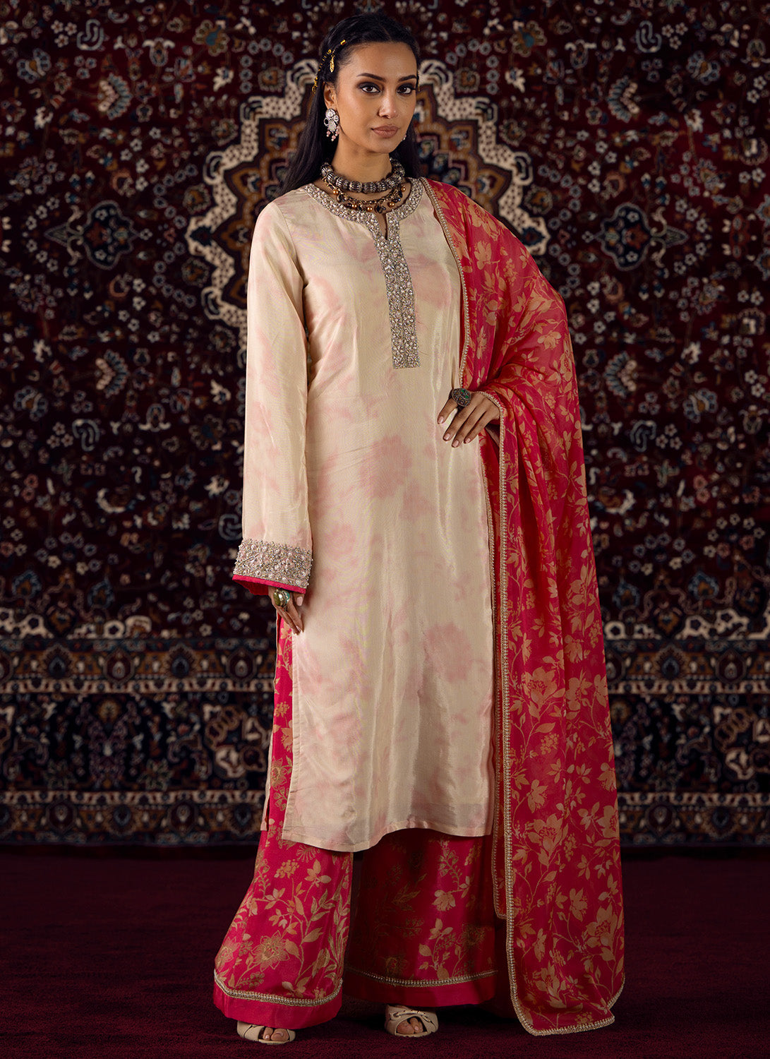 Off White and Pink Embroidered Silk Satin Palazzo Suit