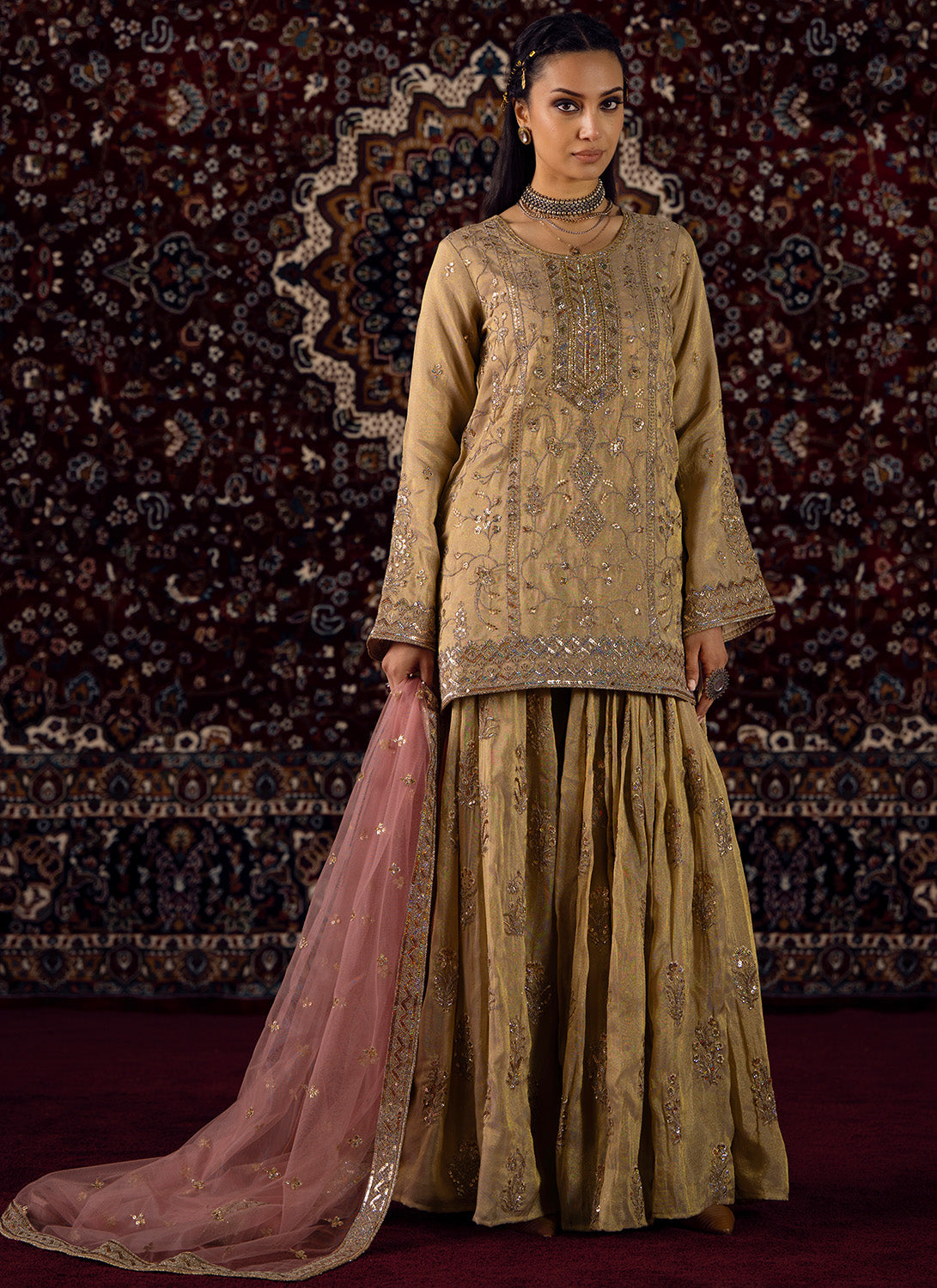 Gold and Soft Pink Embroidered Tissue Gharara Suit