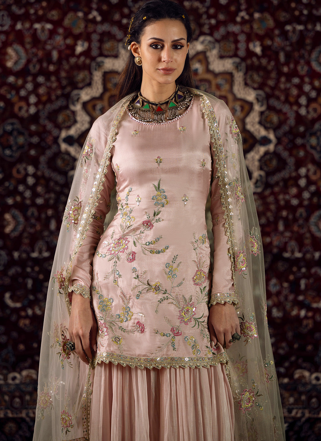 Soft Pink Embroidered Silk Sharara Suit - Lashkaraa