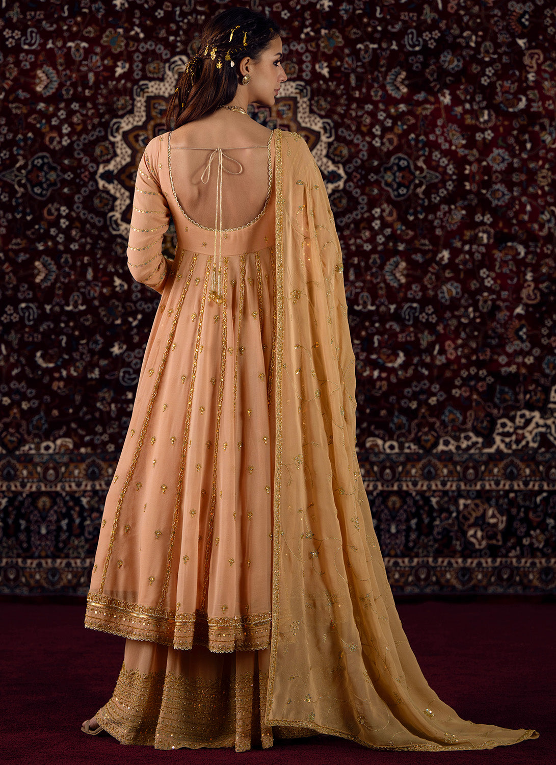 Soft Peach Embroidered Georgette Anarkali Style Sharara - Lashkaraa